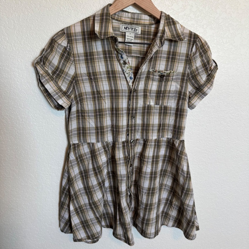 Y2K Cottagecore Plaid Myth NYC Babydoll Top Small Brown Tan